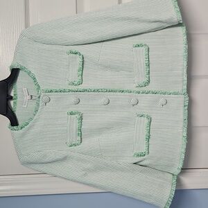 Preston & York Judith Boucle Tweed Round Neck Jacket:Green/White Stripe:Size- 10